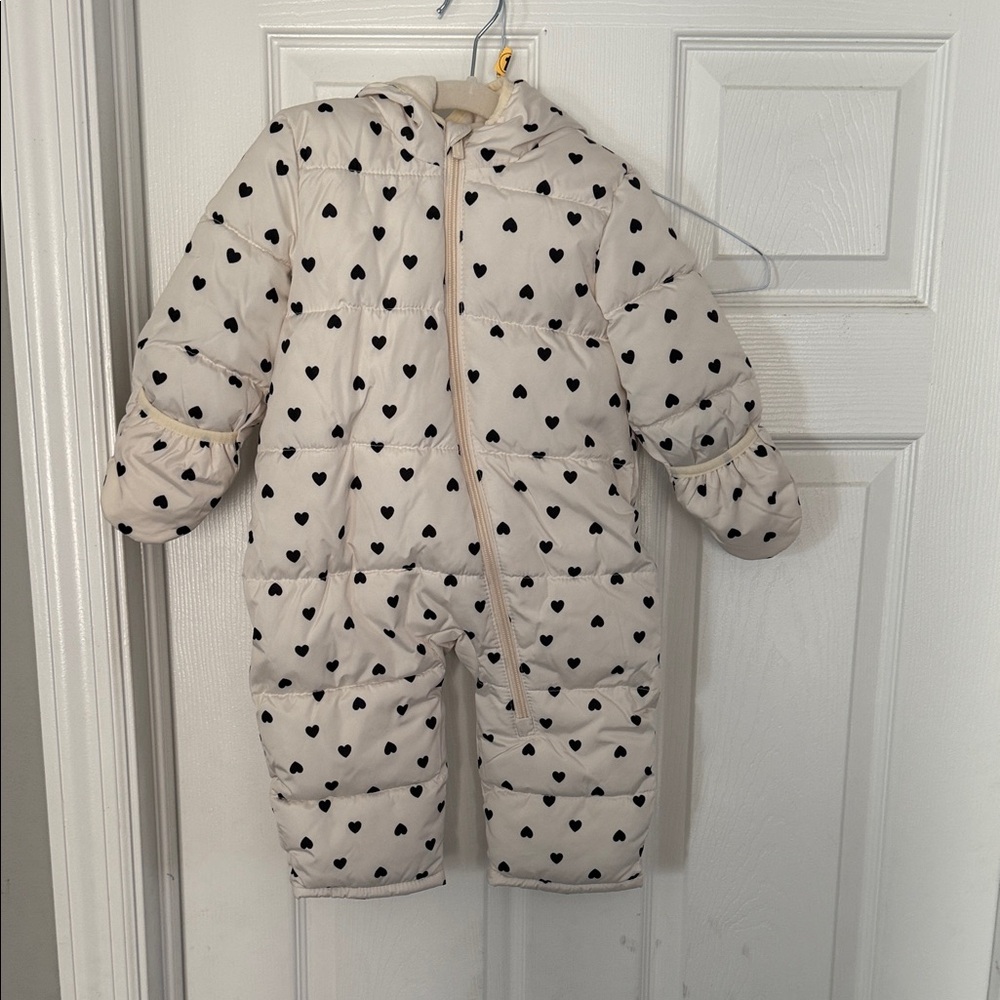 Old Navy White Snowsuit with Black Heart Pattern